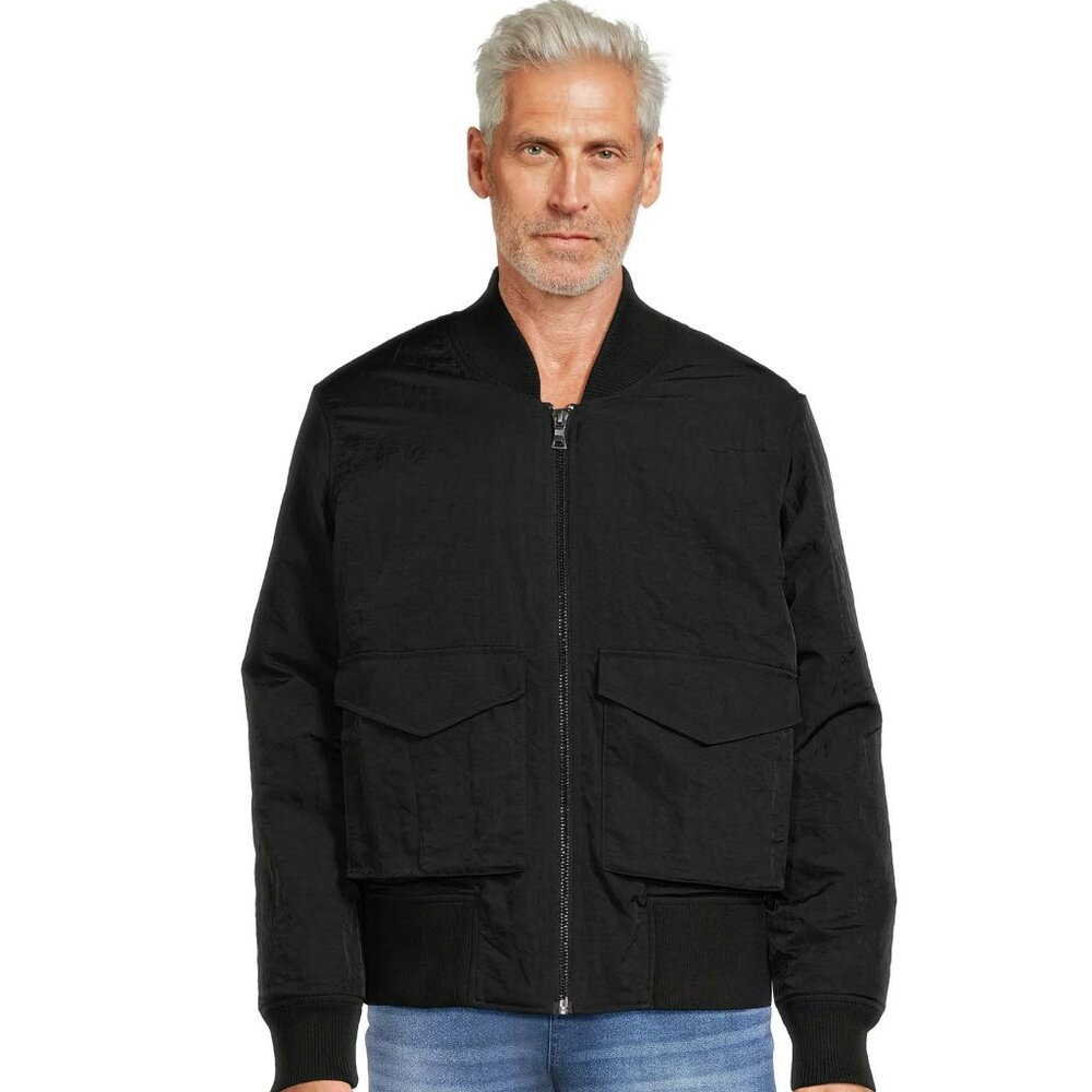 NWT L, 3XL George Men’s Bomber Jacket Black Scoot Crinkle Nylon Midweight Zip